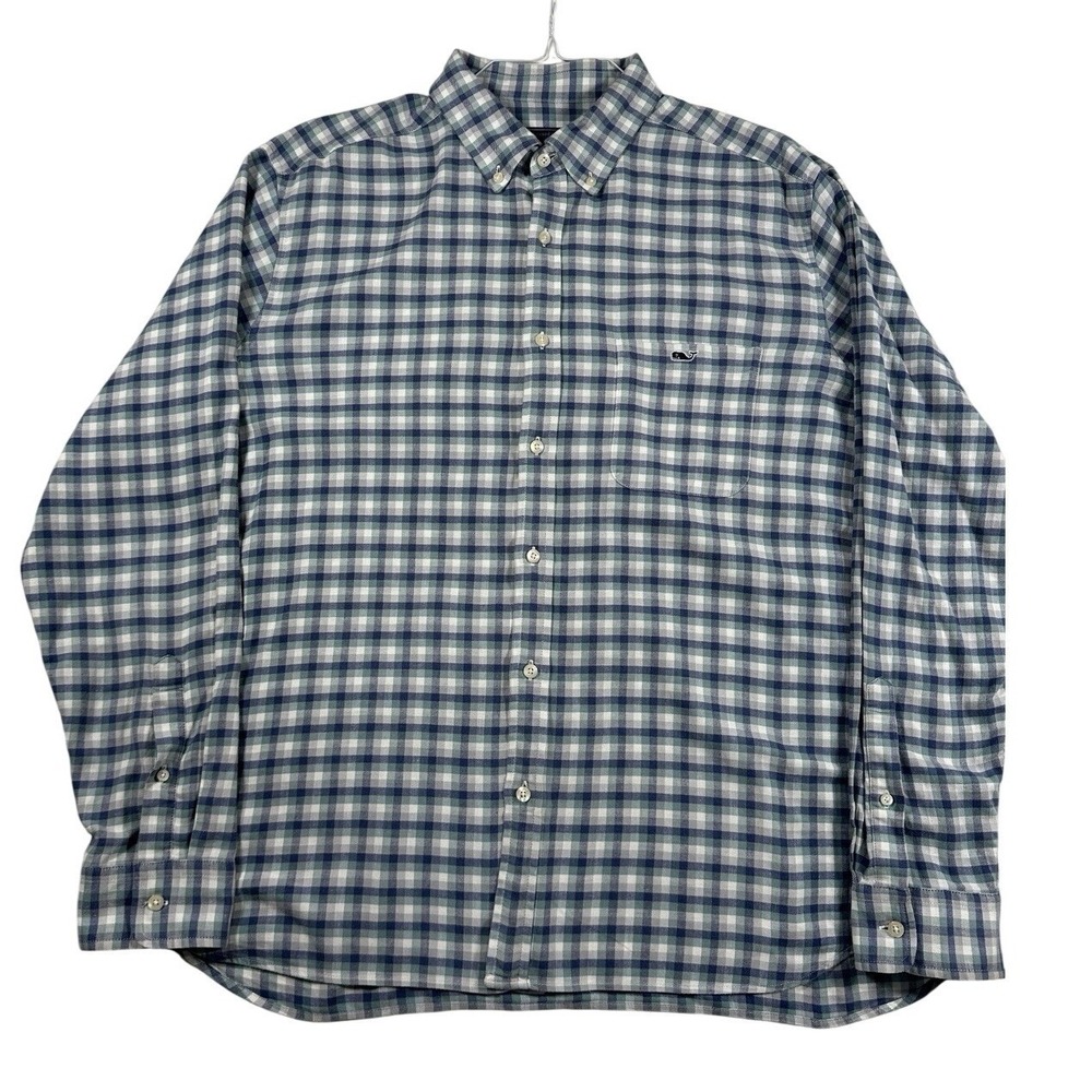 Vineyard Vines Mens XL Classic Fit Gingham Cotton Linen Stretch Shirt Blue Green